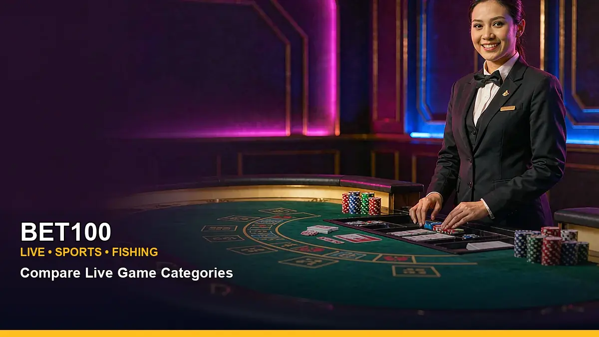 BET100 left-framed live casino table games highlighting mobile-friendly casino play