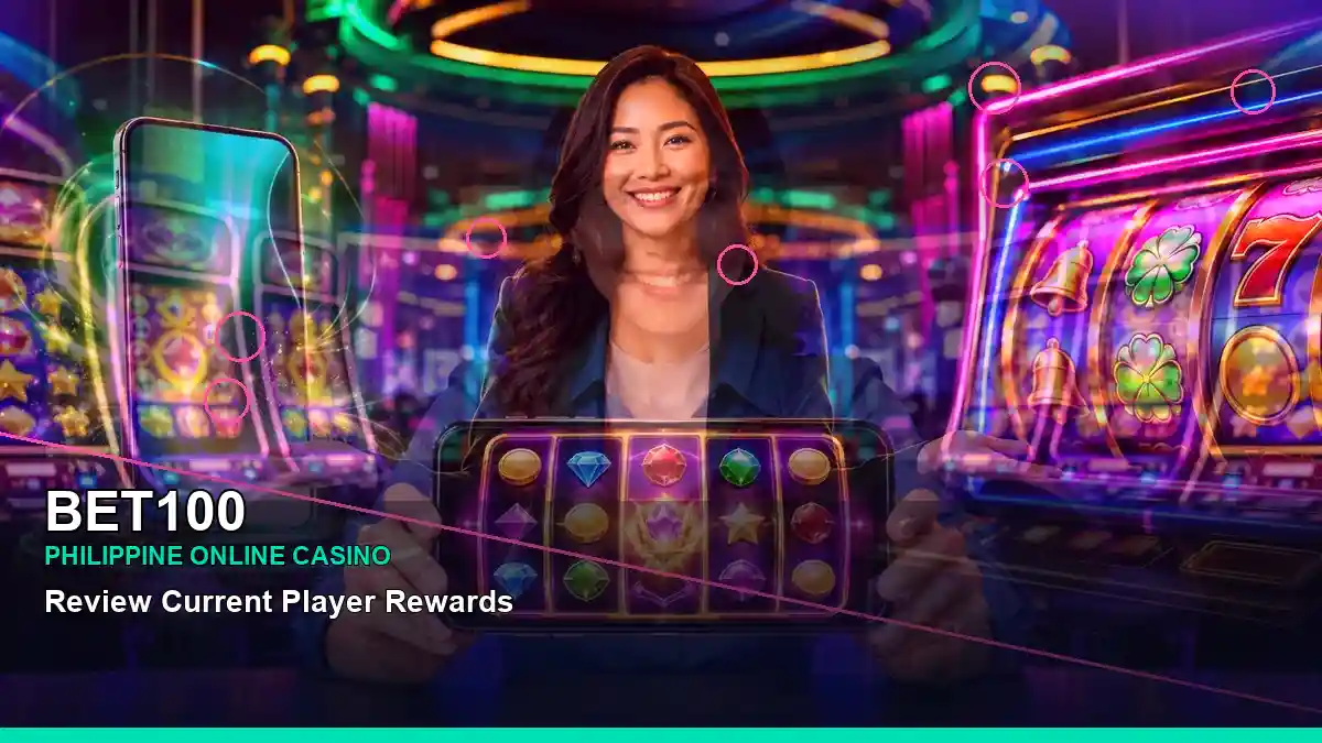 BET100 Philippines casino guide with centered party online slot games and an adult Filipina casino host
