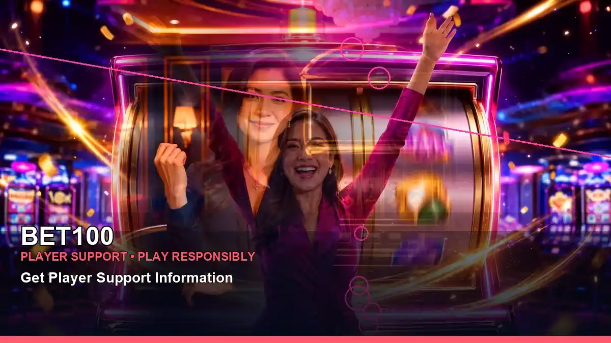 BET100 neon jackpot slot games featuring an adult Filipina casino host with a centered composition